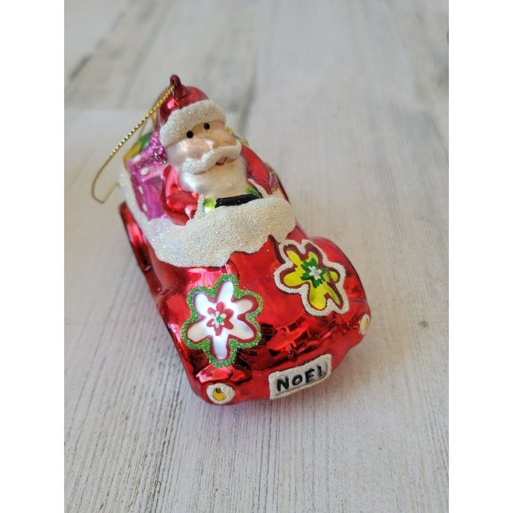 Hippie flower Santa Claus car‎ convertible blown glass ornament Xmas glitter